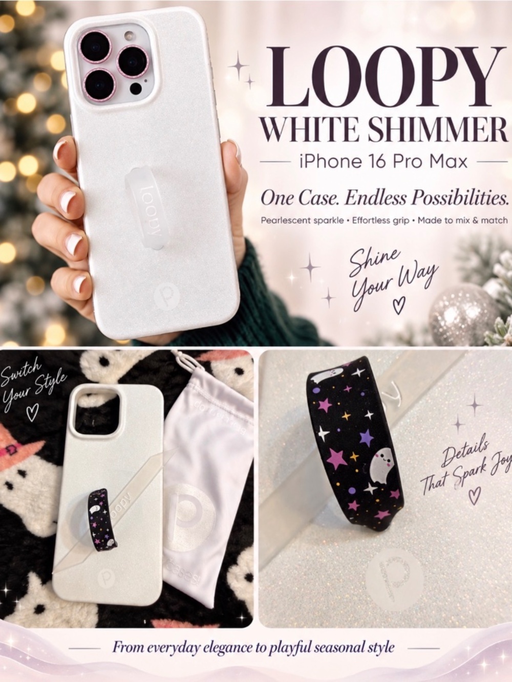 Loopy iPhone 16 Pro Max White Shimmer + New Midnight Boos Loop